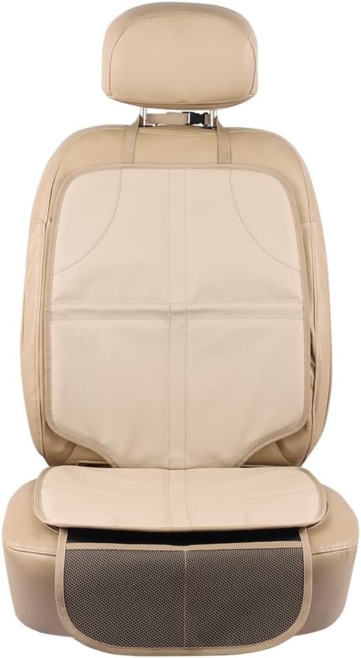 Leather Car Seat Protector for Booster Durable Waterproof Protector Mat Large Auto Seat Cover with Storage Pocket for Child Toddler Safety Seat Baby Basket (Beige) - Image 2