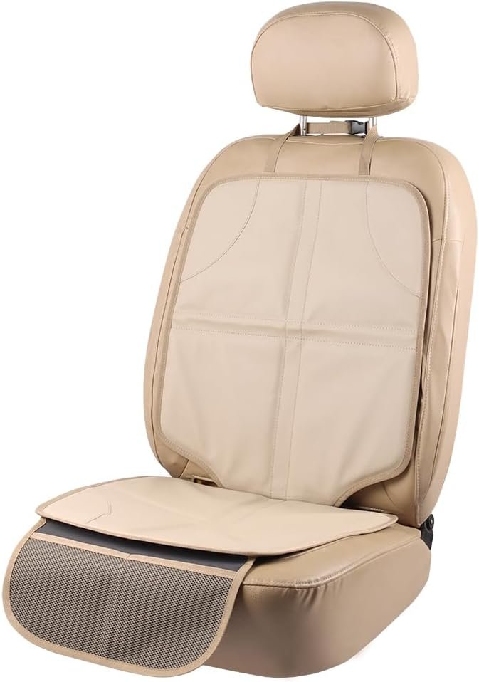 Leather Car Seat Protector for Booster Durable Waterproof Protector Mat Large Auto Seat Cover with Storage Pocket for Child Toddler Safety Seat Baby Basket (Beige)