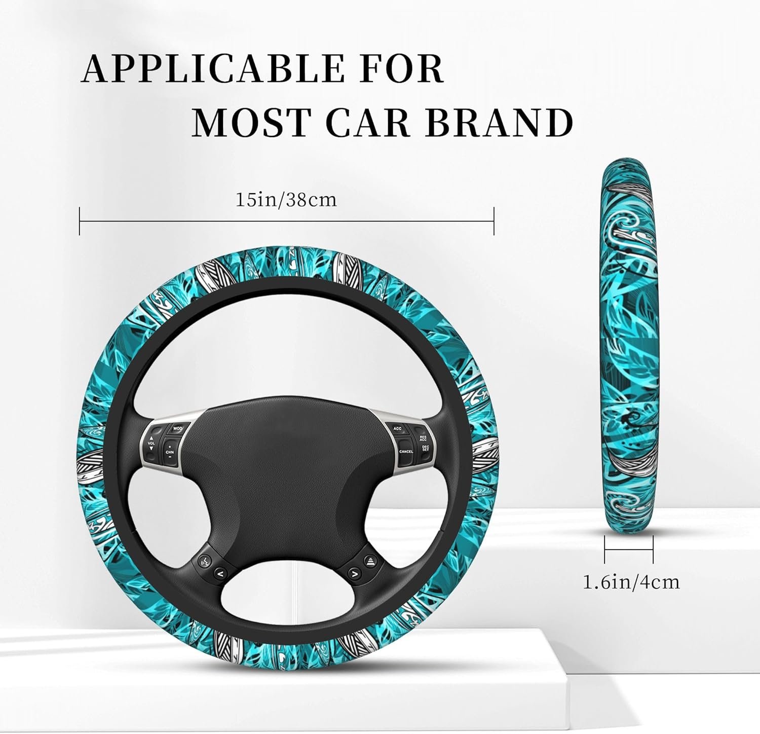 Hawaiian Teal Ocean Tribal Car Steering Wheel Cover for Women Men Stretch Cloth Anti-Slip Wrap Protector Case Fit Universal Auto Accessories Decor Sweat Absorption 14-15 Inch - Image 2