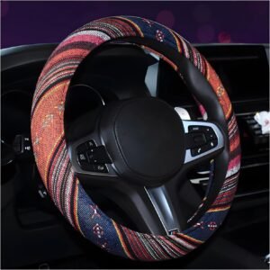 Boho Steering Wheel Cover, 15.0"×15.0" Anti-Slip Baja Blanket Ethnic Steering Wheel Protector, Breathable Flax Cloth Elastic Bohemian Steering Wheel Cover, Car Accessories (Style C)