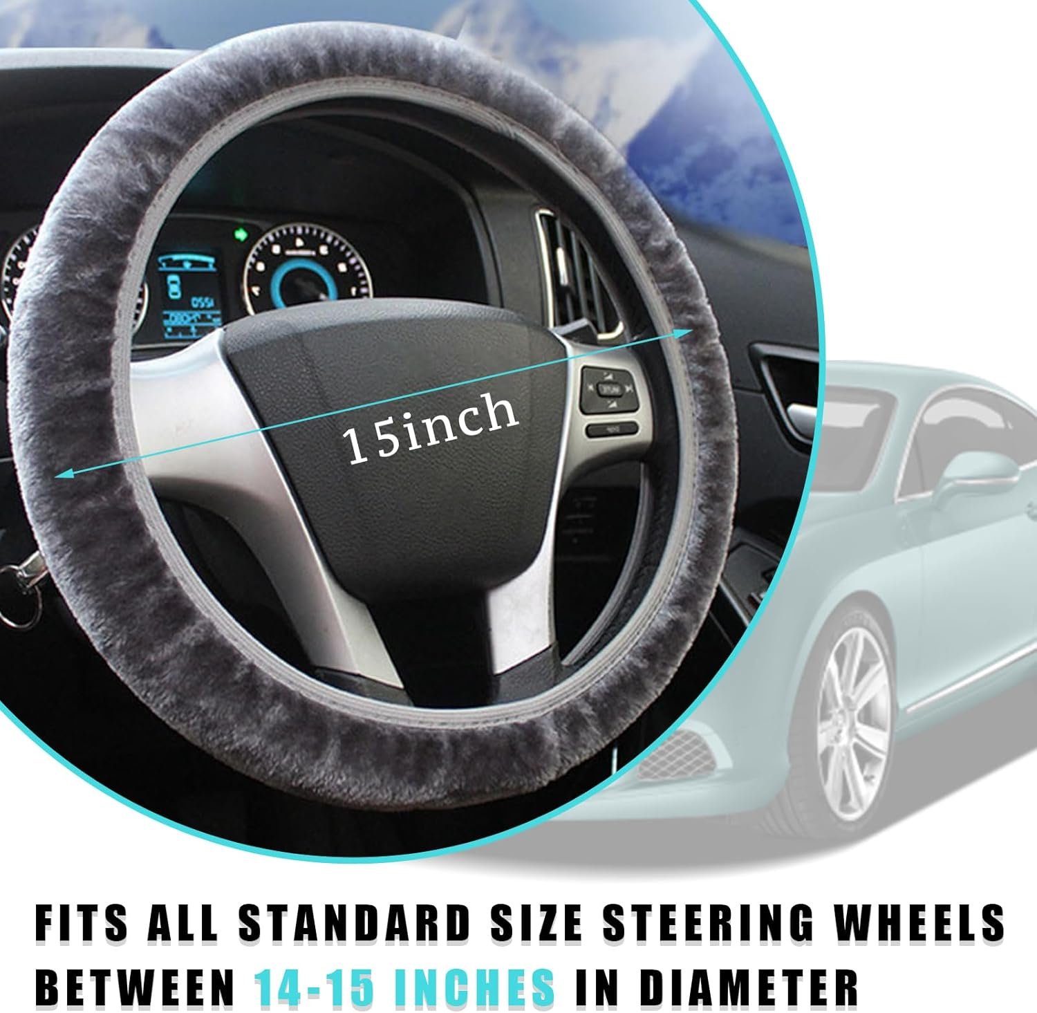 Elastic Fuzzy Steering Wheel Cover, 15'' Soft Steering Wheel Protector for Warm Winter, Anti-Slip Fluffy Car Wheel Covers, Universal Car Interior Decor Accessories for Women Men (Gray) - Image 2