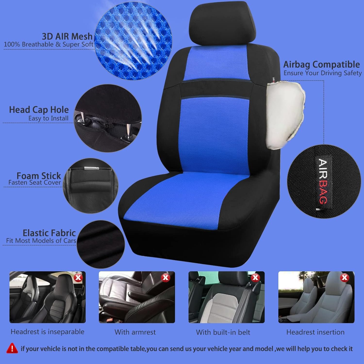 3D Air Mesh Car Seat Covers Full Sets w/5mm Sponge, 4Pcs Waterproof Car Floor Mats, Steering Wheel Cover Universal Fit for SUV Sedan Truck, Airbag Compatible Automotive Interior(black & blue) - Image 2