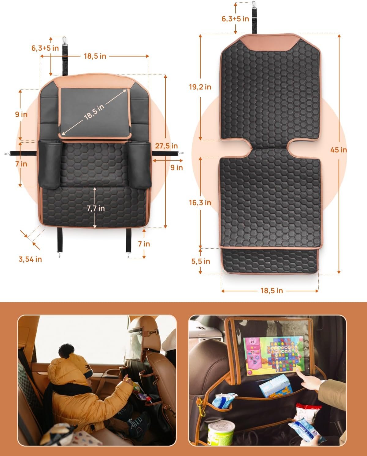 Set Car Seat Organizer Backseat Back Organizers & Seat Protector Kick Mat Back Of Seat Protector Automotive Organizer Seatback Toy Organization For Kids Behind Black Brown Tan - Image 2