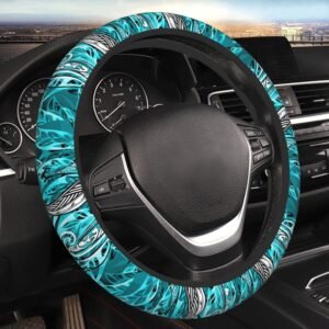 Hawaiian Teal Ocean Tribal Car Steering Wheel Cover for Women Men Stretch Cloth Anti-Slip Wrap Protector Case Fit Universal Auto Accessories Decor Sweat Absorption 14-15 Inch