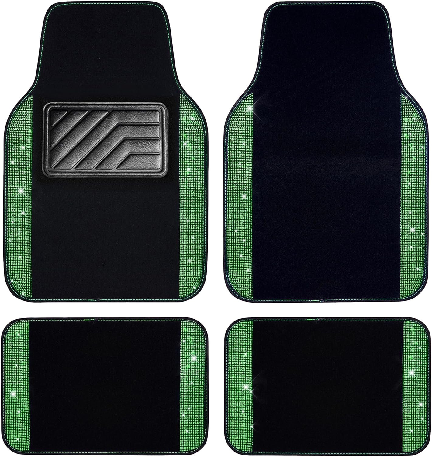 Shining Rhinestones Carpet, Crystal Diamond Sparkly Glitter Car Floor Mats with Anti-Slip PVC Heel Pad Automotive Universal for SUV,Sedan,Car,Van,4pcs for Girl Women Green Diamond