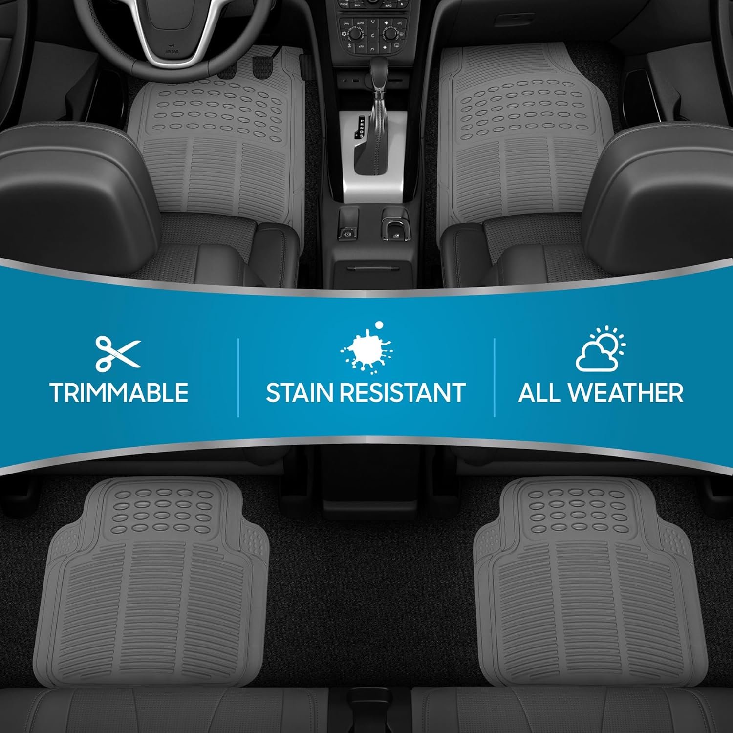 All Weather Rubber Floor Mats for Car SUV & Truck - 4 Pieces Set (Front & Rear), Trimmable, Heavy Duty Protection (Grey), 1 Count (Pack of 1) - Image 2