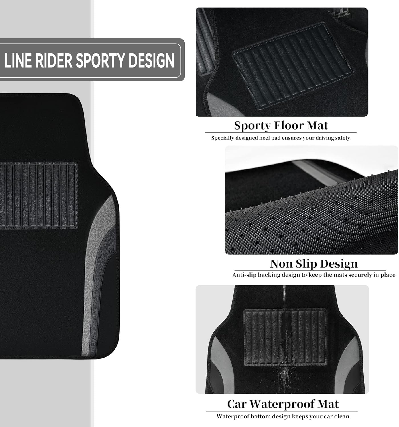 Leather Waterproof Sporty Car Floor Mats Carpet,Universal Automotive Floor Mat Fit for Sedans, Cars, Mid Trucks, Vans, SUV, Set of 4 (Black and Gray) - Image 2