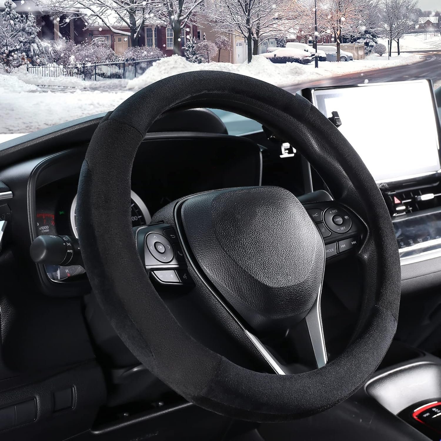 Black Plush Winter Auto Car Steering Wheel Cover Universal 15 inch - Image 2
