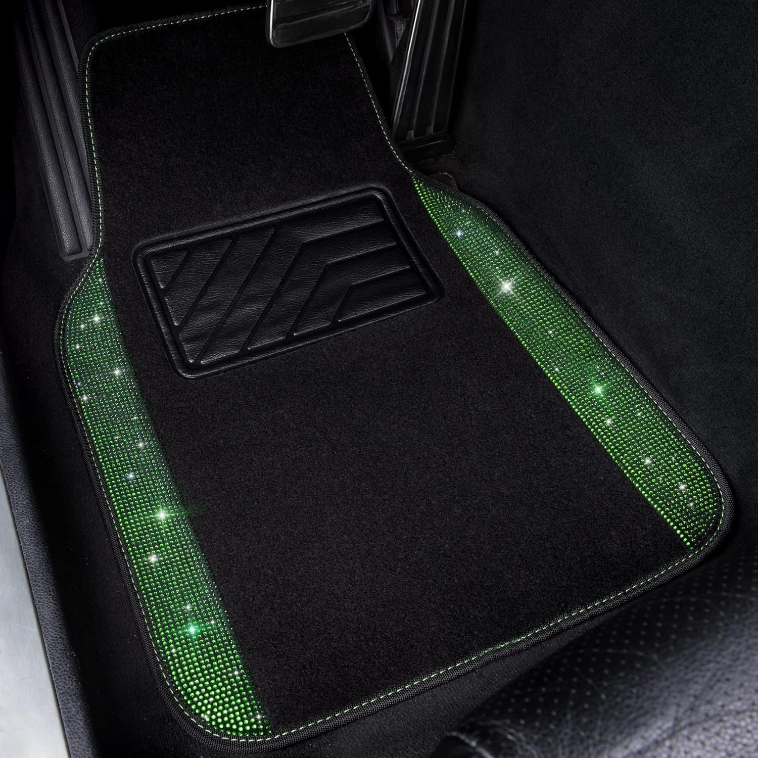 Shining Rhinestones Carpet, Crystal Diamond Sparkly Glitter Car Floor Mats with Anti-Slip PVC Heel Pad Automotive Universal for SUV,Sedan,Car,Van,4pcs for Girl Women Green Diamond - Image 2