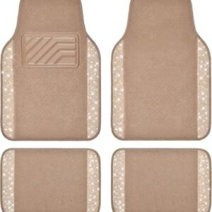 Car Mats Shining Diamond Carpet Crystal Rhinestones Sparkly Glitter Floor Mats with Anti-Slip PVC Heel Pad Universal Fit for Automotive SUV, Sedan, Car, Van, 4pcs for Girl Women, Beige